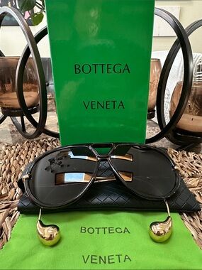 Bottega Veneta Black and Gold Aviator Sunglasses
